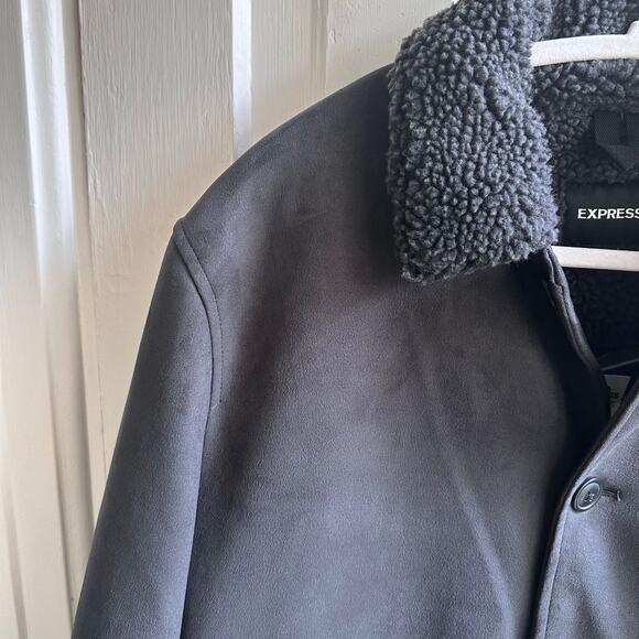 Express Faux Suede Sherpa-Lined Trucker Chore Jacket Charcoal Gray NWT - Picture 4 of 8